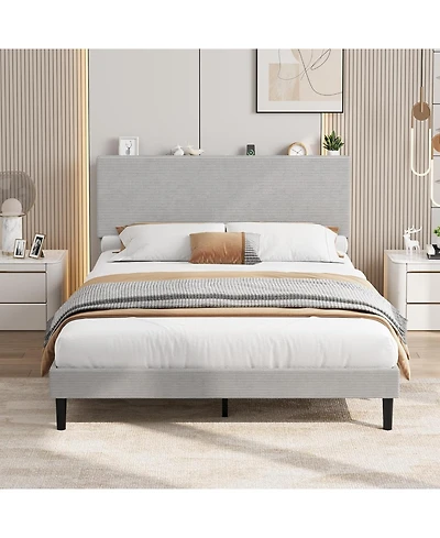 gaomon Queen Corduroy Upholstered Usb Charging Station Storage Headboard Platform Bed Frame