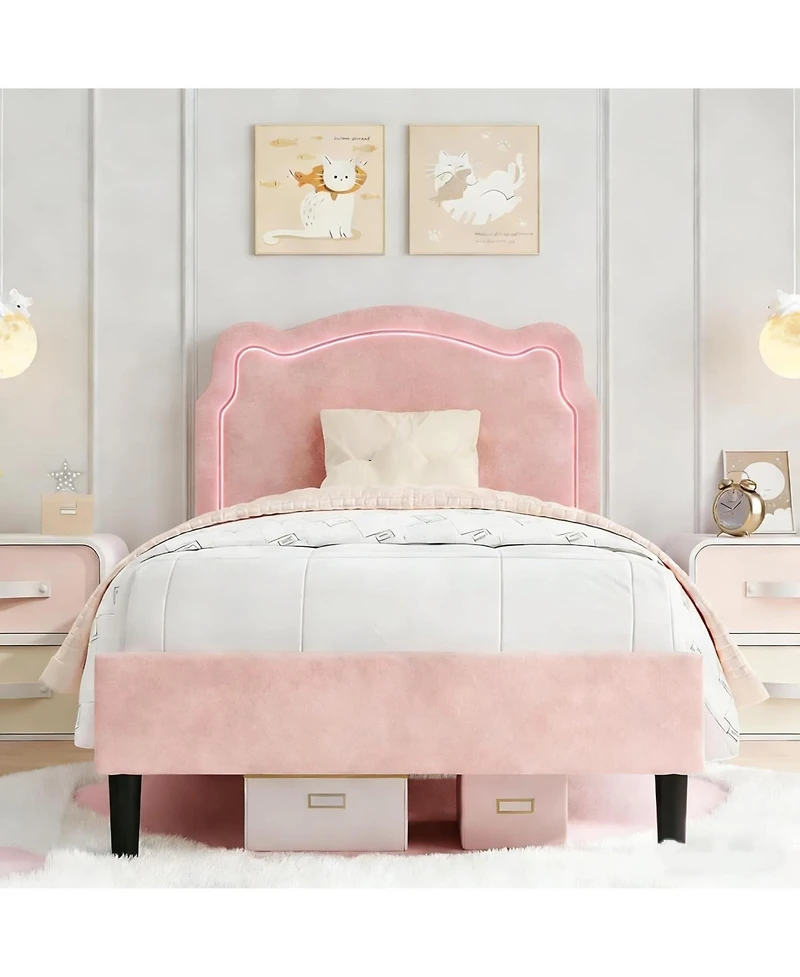 gaomon Twin Smart Led Bed Frame with Velvet Headboard, Upholstered Platform