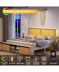gaomon Rattan King Size Bed Frame with Sliding Barn Door Storage Cabinets and Led Light Headboard, Boho Farmhouse Wood Platform Bed with Solid