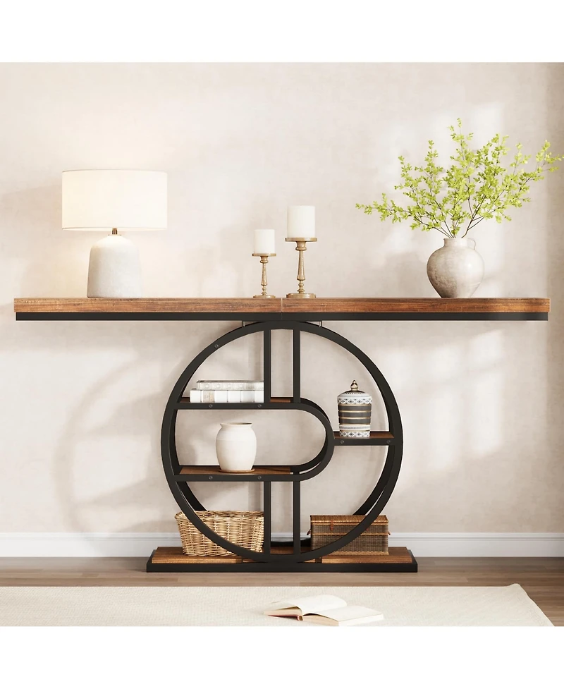 gaomon 55" Industrial Narrow Console Sofa Table with O-Shaped Metal Frame and 5-Tier Storage