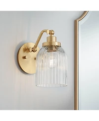 Regency Hill Leyna Modern Wall Light Sconce Antique Brass Hardwire 5 1/4" Fixture Clear Striped Glass for Bedroom Bathroom Home