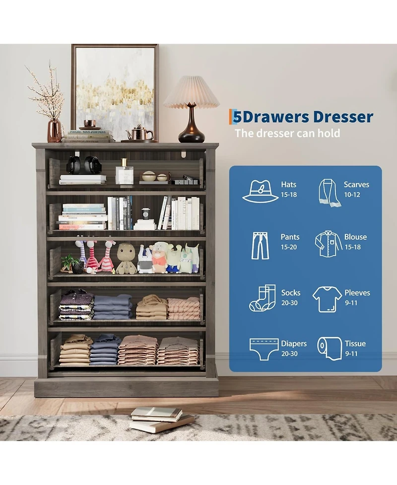 gaomon Farmhouse 5-Drawer Dresser, Wooden Chest for Bedroom Storage