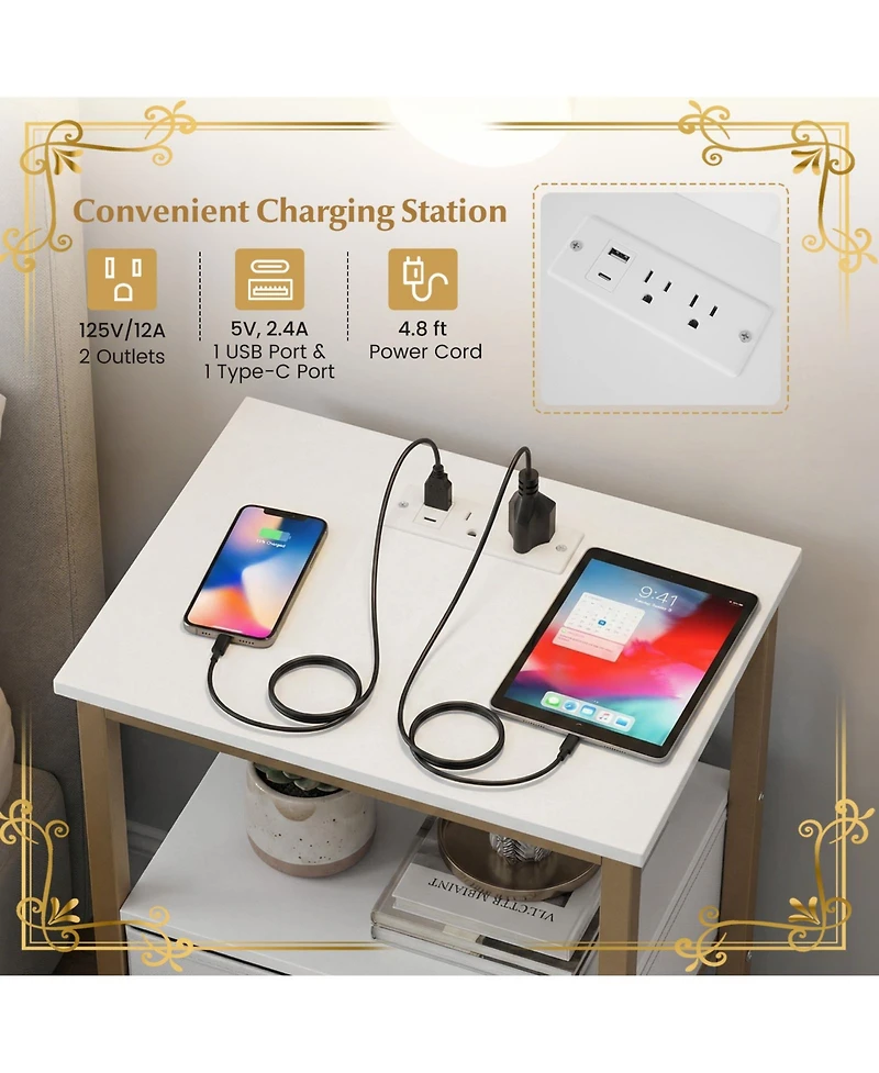 Gouun Nightstand with Built-In Charging Station and Adjustable Fabric Drawer