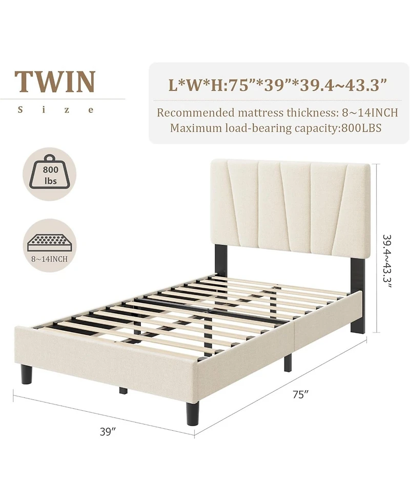gaomon Twin Upholstered Bed Frame with Adjustable Headboard, Linen Platform with Wood Slats