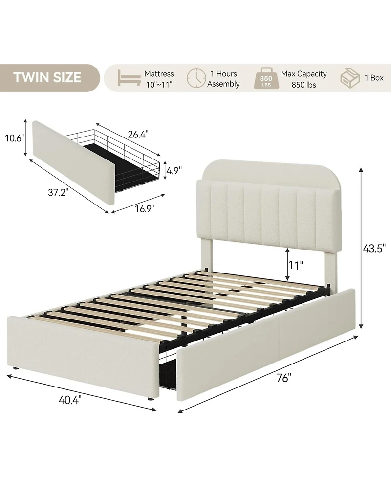 gaomon Twin Boucle Bed Frame with Storage Headboard and 2 Drawers, Upholstered Platform