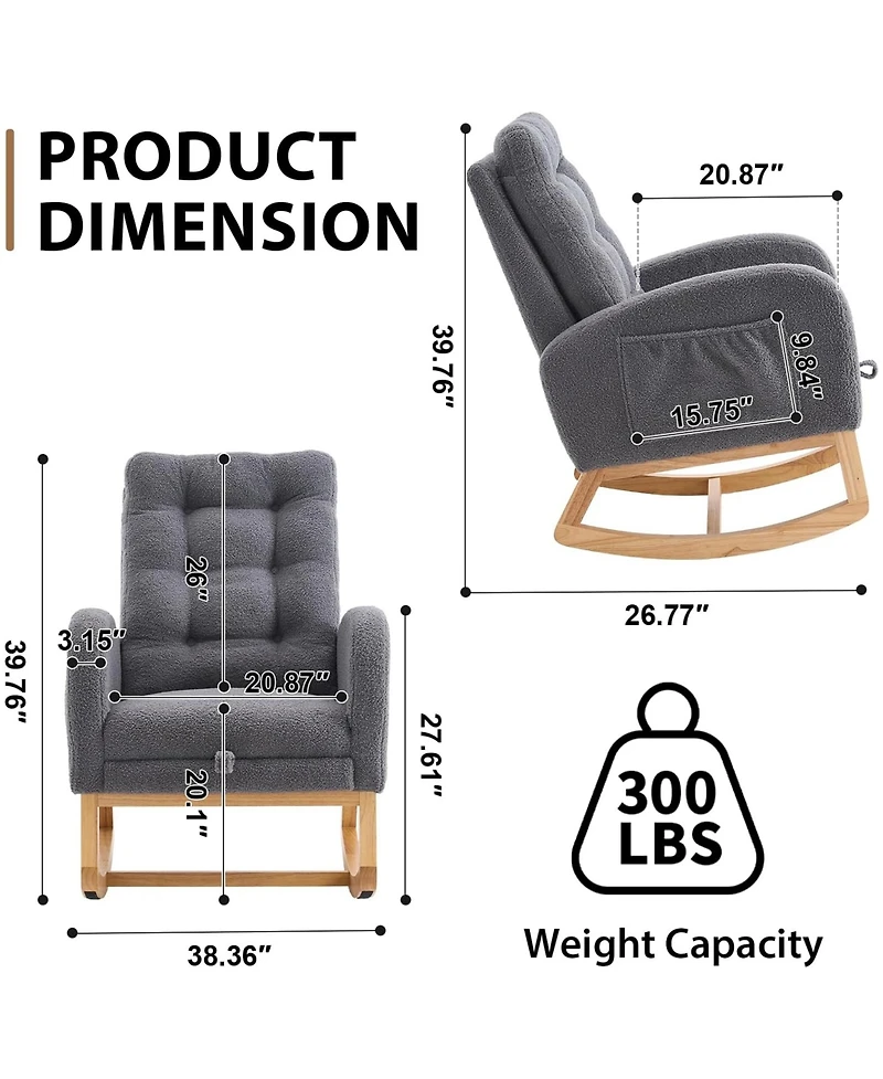 Rainsken Teddy Fleece Plush Rocking Accent Chair, Ergonomic Recliner with Side Storage Pocket and Retractable Footrest for Living Room, Balcony