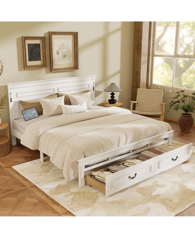 Streamdale Furniture King Led Storage Bed between Usb and Tall Headboard/Footboard