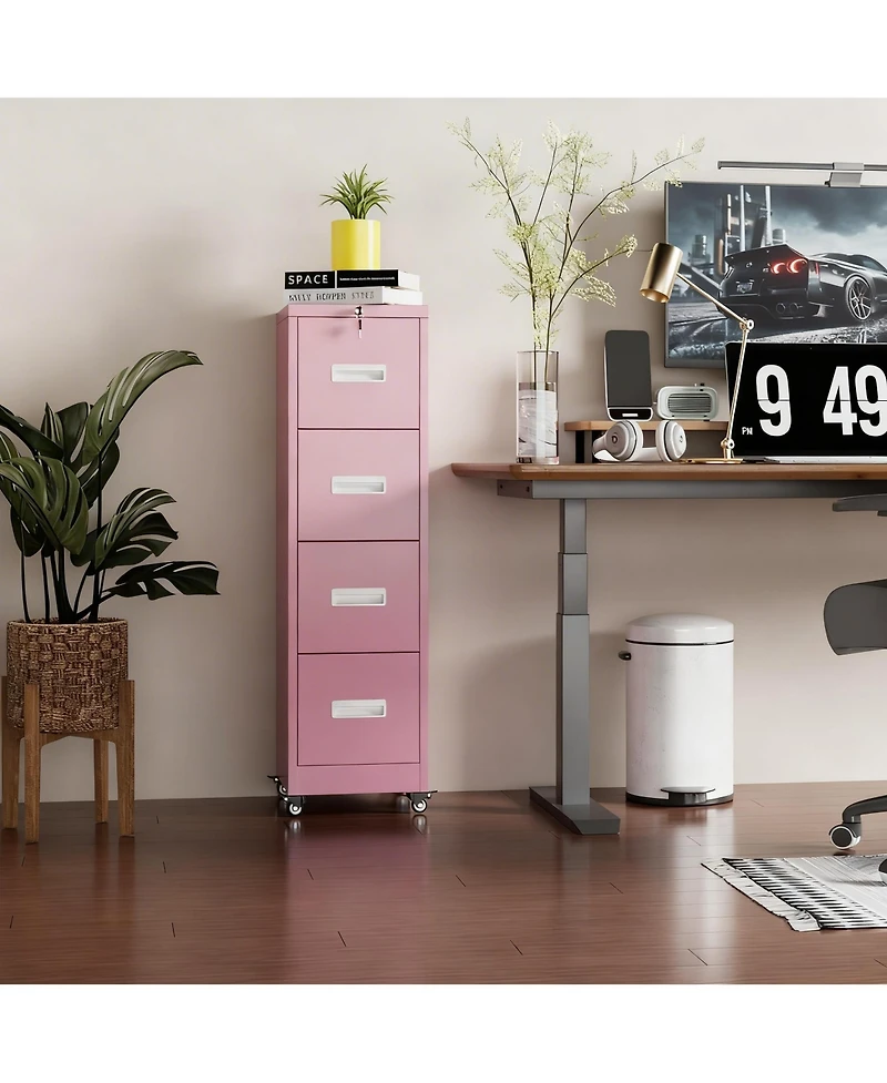 Yigii 4 Drawer Metal File Cabinet with Wheels, Lockable, Name Cards, Easy to Move