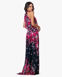 Betsy & Adam Women's Halter Neck Long Souffle Chiffon Floral Print Dress