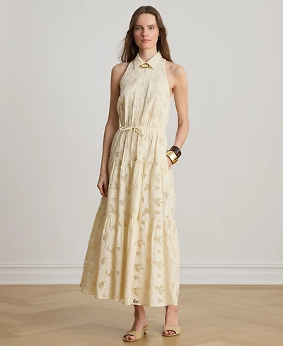 Lauren Ralph Women's Spread Collar Floral-Eyelet Voile Tiered Shirt Dress