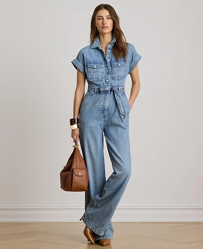 Lauren Ralph Women's Spread Collar Belted Denim Wide-Leg Jumpsuit