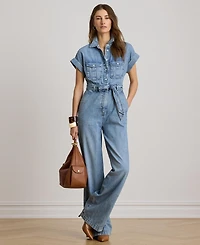 Lauren Ralph Women's Spread Collar Belted Denim Wide-Leg Jumpsuit