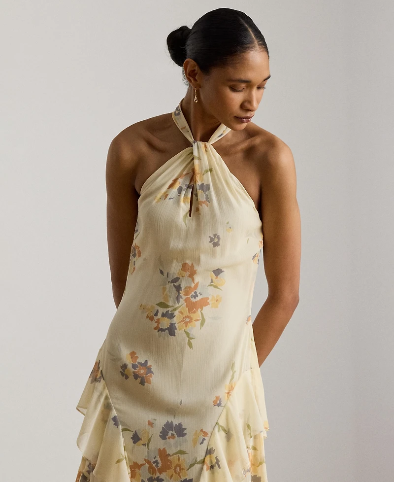 Lauren Ralph Floral Ruffle-Trim Halter Cocktail Dress