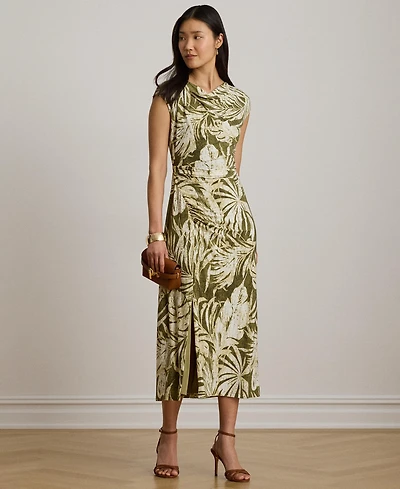 Lauren Ralph Women's Palm-Frond-Print Cowl Neck Midi Dress