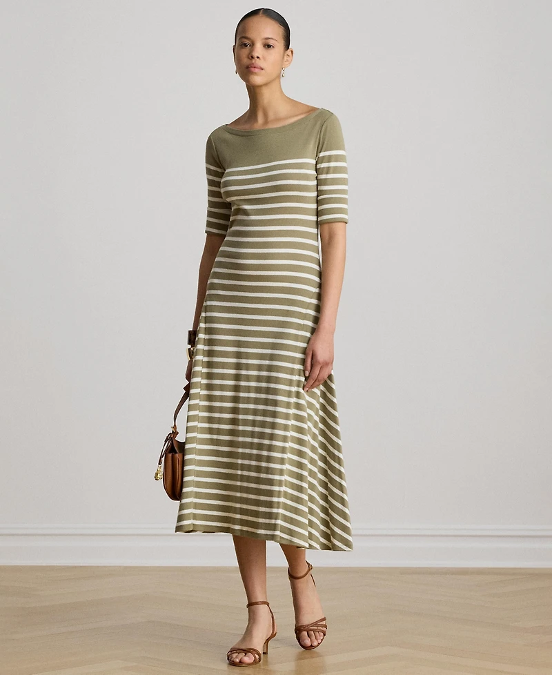Lauren Ralph Women's Boat Neck Breton-Stripe Ribbed Midi Dress