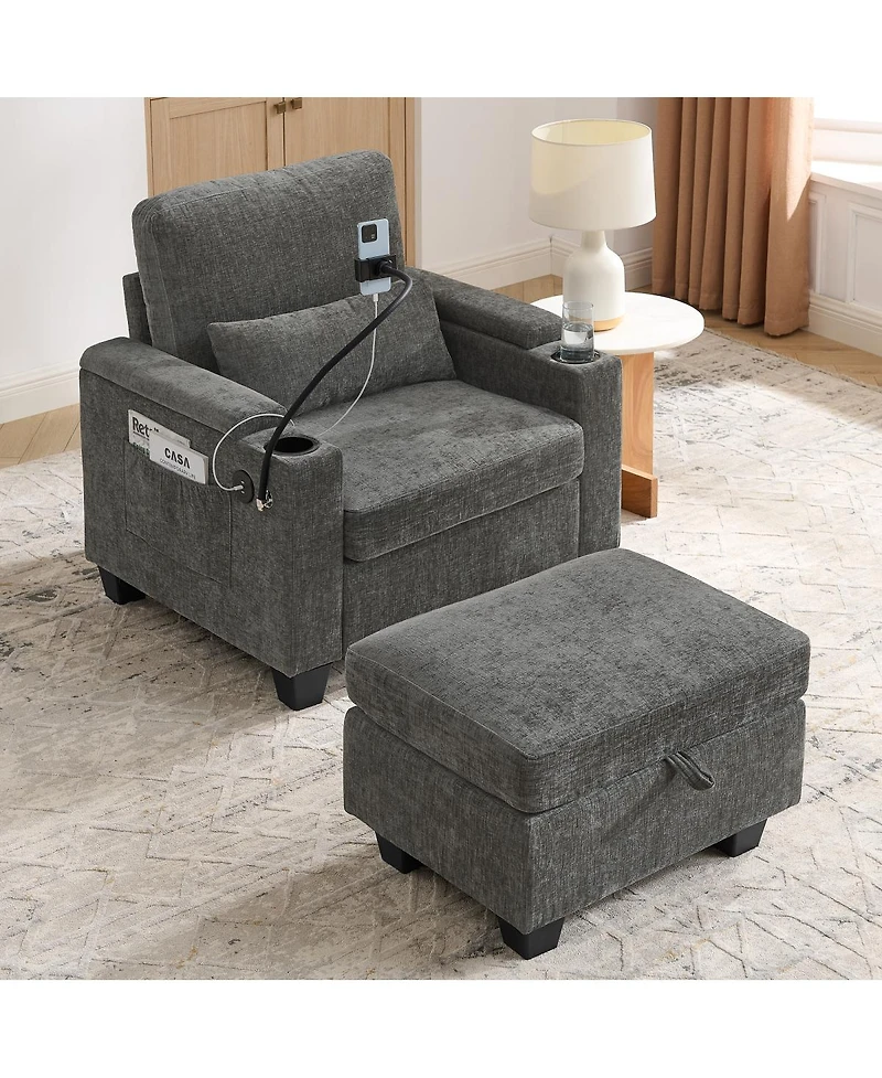 Streamdale Furniture Recliner Sofa with Usb Stand Storage Ottoman