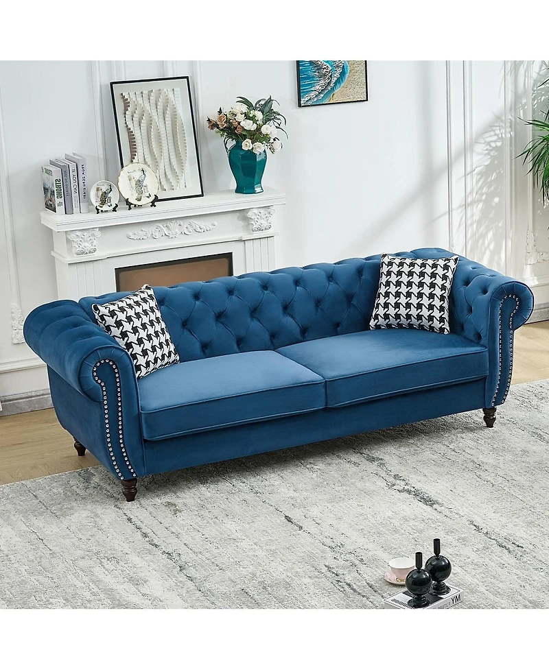 Streamdale Furniture 3 And 3 Velvet Chesterfield Sofa with Roll Armrest and Nailhead