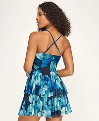 City Studios Juniors' Printed Mesh Straight Neck Tiered Mini Dress