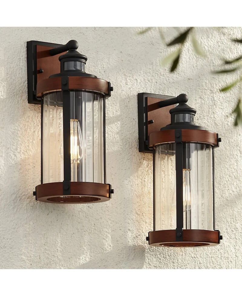 John Timberland Stan Industrial Outdoor Wall Light Fixtures Set of 2 Dark Wood Motion Sensor 15 Clear Glass for Porch Patio