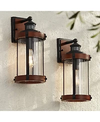 John Timberland Stan Industrial Outdoor Wall Light Fixtures Set of 2 Dark Wood Motion Sensor 15 Clear Glass for Porch Patio