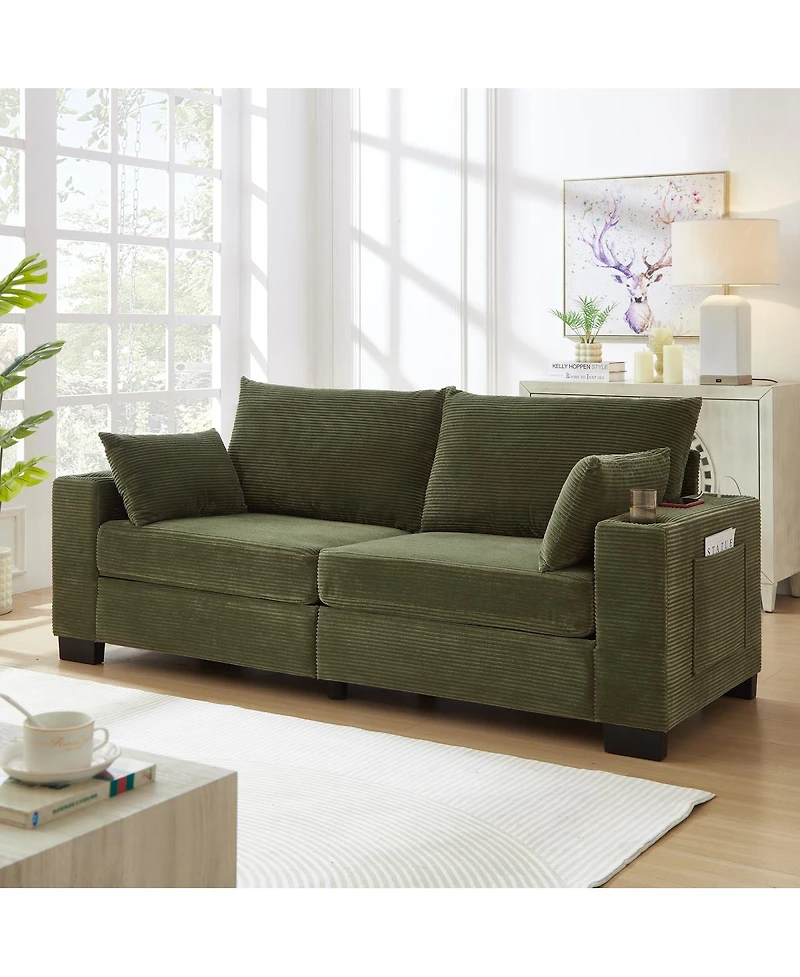 Streamdale Furniture 78" Corduroy Sofa with Usb, Cup Holders, Side Pocket