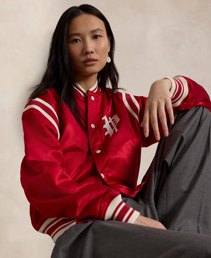 Polo Ralph Lauren Unisex Striped Ribbed Baseball Collar Logo Patch Jacket