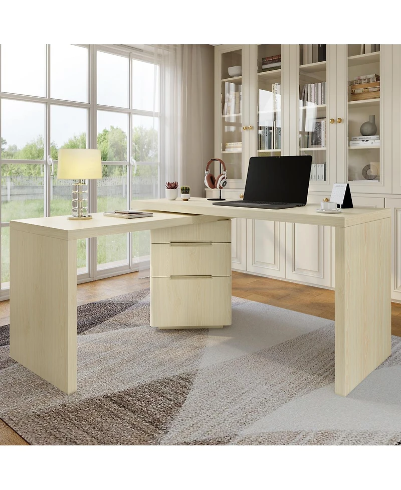 Streamdale Furniture 90" Modern L-Shape Wood Desk with 3 Drawers and Rotating Top