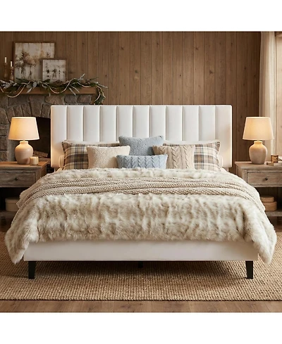 gaomon Queen Bed Frame, Velvet Upholstered Platform with Adjustable Vertical Channel Tufted Headboard, No Box Spring Needed, Easy Assembly