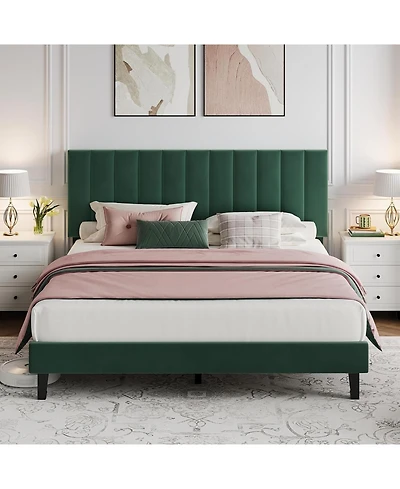gaomon Queen Bed Frame, Velvet Upholstered Platform with Adjustable Vertical Channel Tufted Headboard, No Box Spring Needed, Easy Assembly