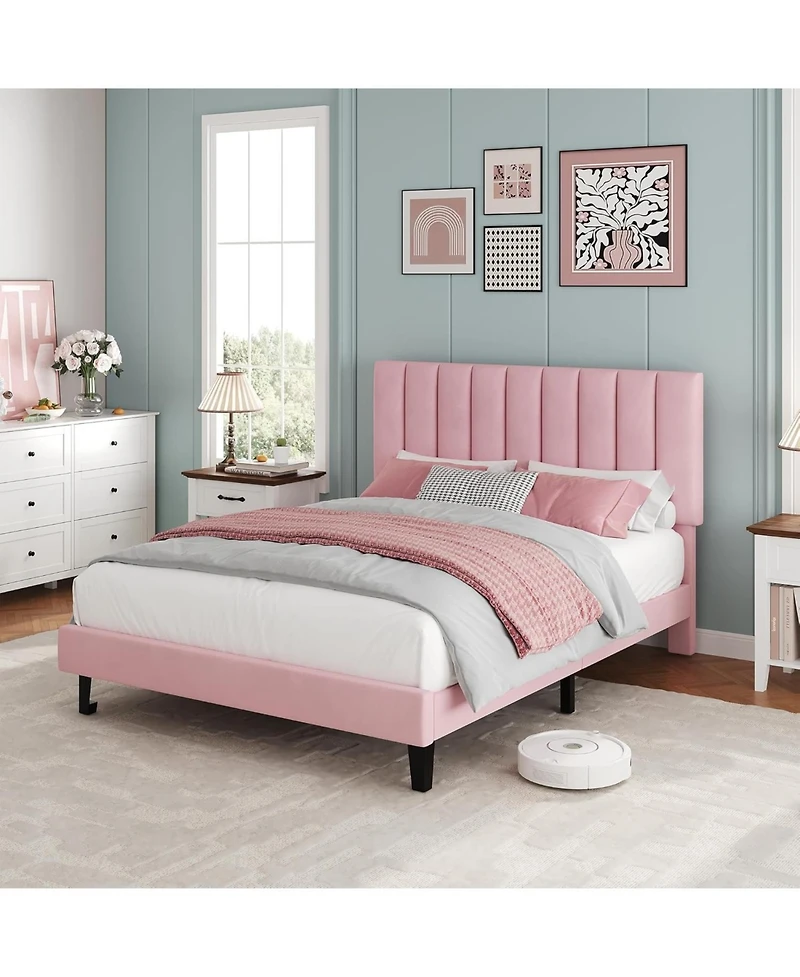 gaomon Bed Frame, Upholstered Platform with Adjustable Vertical Channel Tufted Headboard