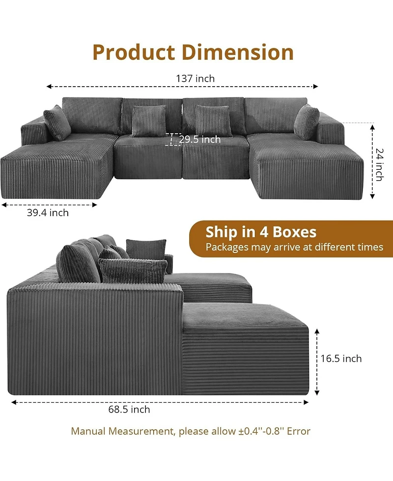 gaomon 137" Modular Sectional Sofa, Cloud Foam Sectional Couch with U-Shape Chaise/Throw Pillows/Plush Corduroy Fabric, No Assembly Required
