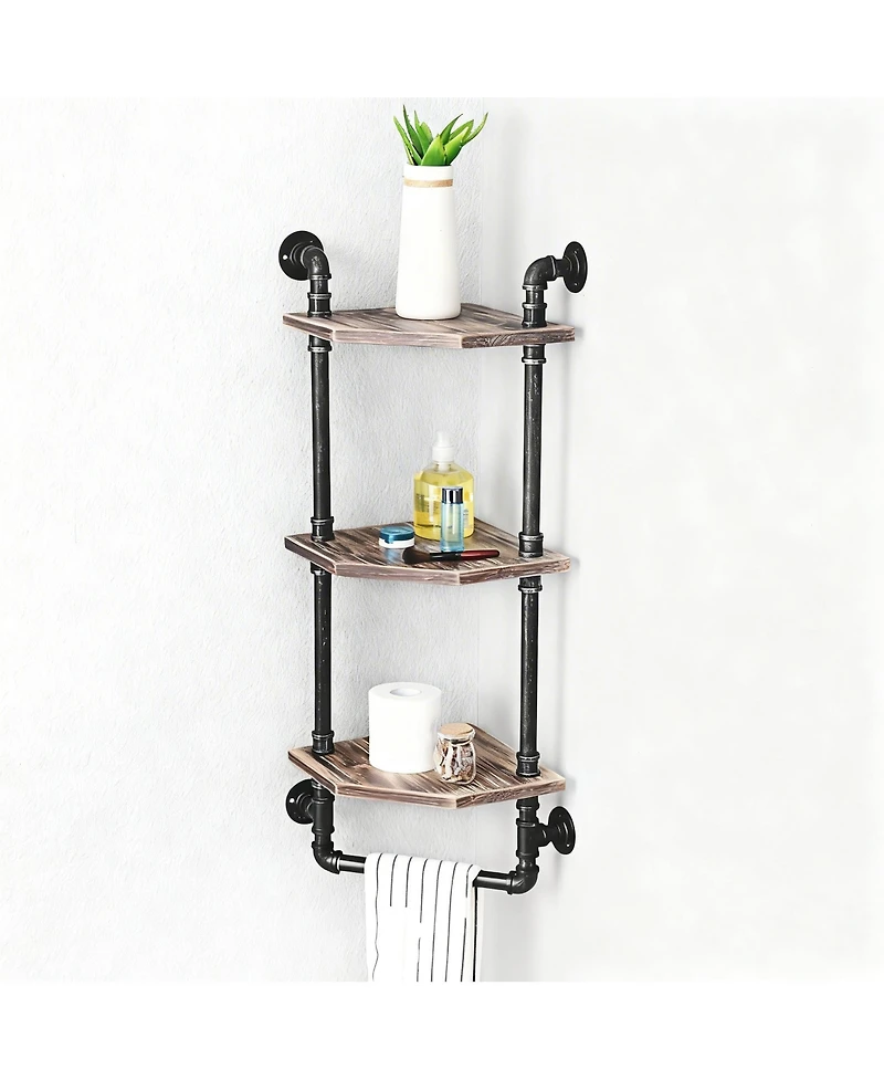 Yigii Industrial Pipe Shelf Rustic Corner Metal Wood Bathroom Wall Mounted Towel Bar