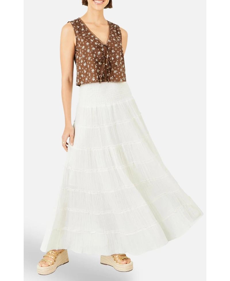 Yumi Women's Double Cotton Tiered Boho Maxi Skirt