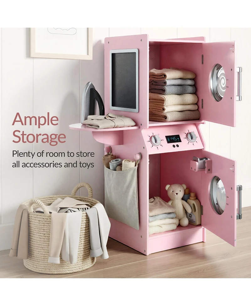 Best Choice Products Pretend Play Kids Wooden Stacked Washer and Dryer Set w/ Toy Laundry Storage Accessories