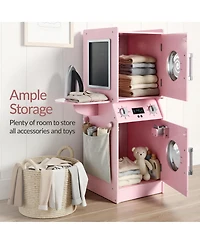 Best Choice Products Pretend Play Kids Wooden Stacked Washer and Dryer Set w/ Toy Laundry Storage Accessories