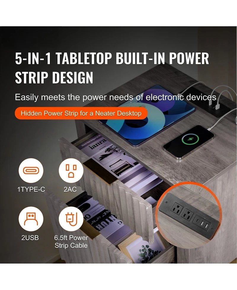 Gouun 2-Pc. Farmhouse Wood End Table Set with Charging Station and Drawers