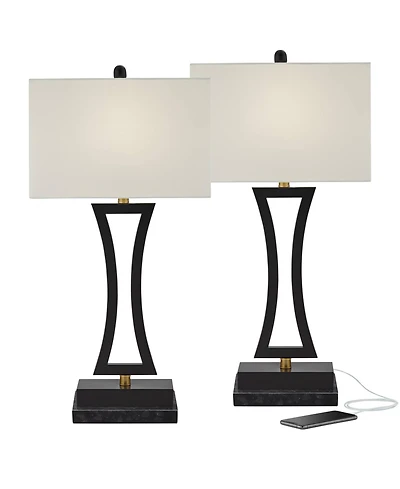 360 Lighting Roxie Modern Table Lamps Set of 2 with Marble Risers 31" Tall Metal Usb Port Rectangular Fabric Shade for Bedroom Living Room House
