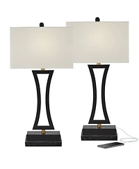 360 Lighting Roxie Modern Table Lamps Set of 2 with Marble Risers 31" Tall Metal Usb Port Rectangular Fabric Shade for Bedroom Living Room House