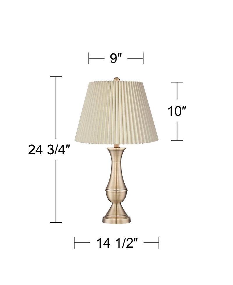 Regency Hill Becky Traditional Table Lamps 24 3/4" High Set of 2 Antique Brass Metal Linen Pleat Shade for Bedroom Living Room Bedside Office