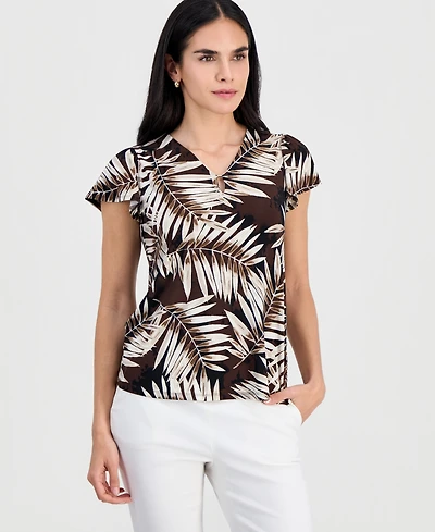 Jones New York Petite Printed V-Neck Flutter-Sleeve Top