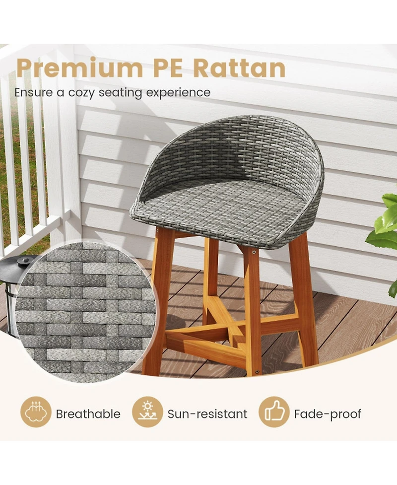 Gouun Acacia Wood and Rattan Outdoor Bar Chairs Set of 2 with Ergonomic Backrests