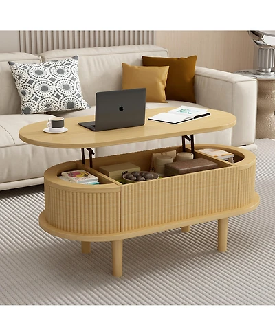 Rainsken Fluted Lift-Top Oval Wood Center Table with Hidden Storage