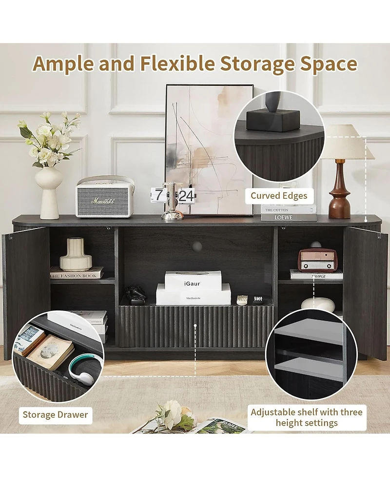 Rainsken 64" Fluted Tv Stand, Mid Century Modern Entertainment Center with 2 Doors, 1 Drawer and Open Shelf, Media Console Table for Living Room