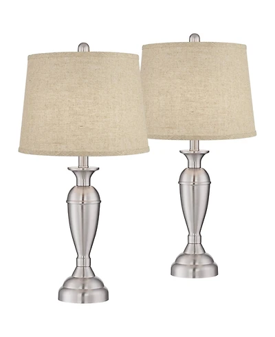 Regency Hill Blair Traditional Table Lamps 25" High Set of 2 Brushed Nickel Burlap Drum Shade for Bedroom Living Room Bedside Nightstand Office House