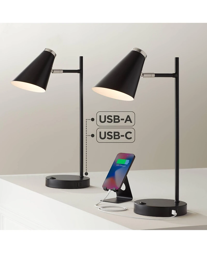 360 Lighting Duke 20 3/4" High Mid Century Modern Desk Lamps Set of 2 Usb Port Nickel Finish Metal Home Office Charging