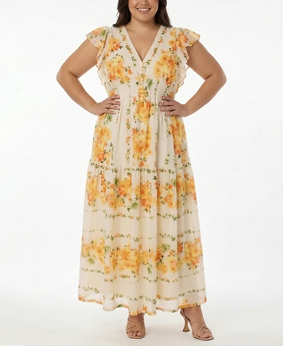 Taylor Plus Floral-Print Flutter-Sleeve Maxi Dress