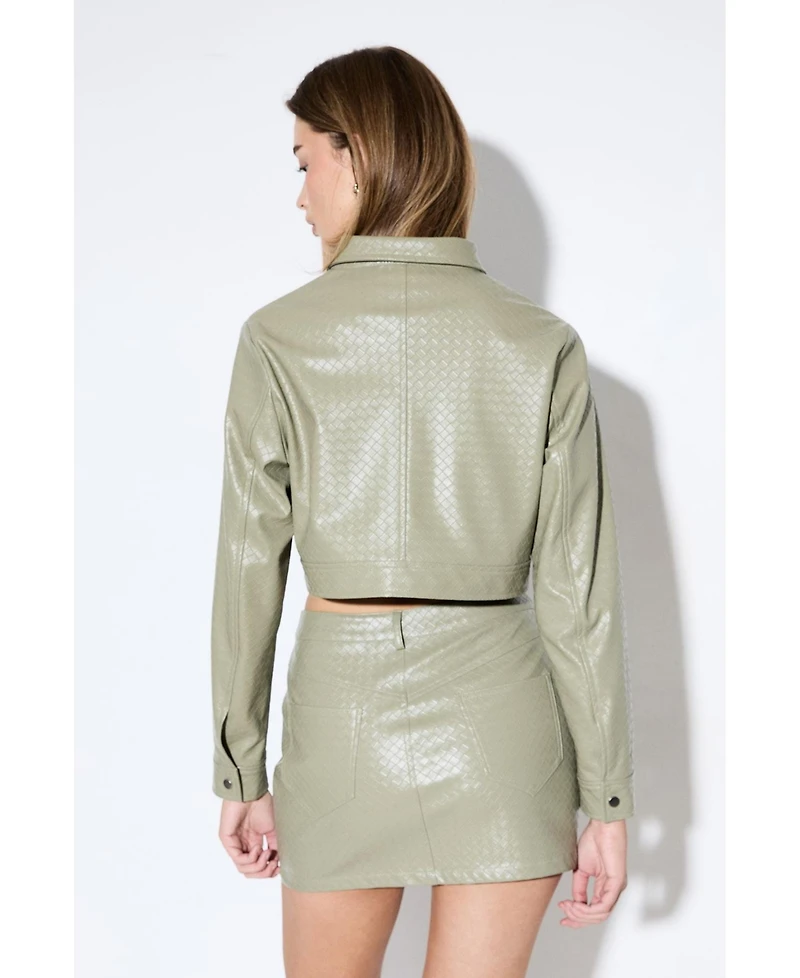 MissPap Women's Woven Detail Faux Leather Jacket
