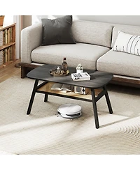 Sugift 2-Tier Rectangular Center Coffee Table with Rattan Storage Shelf and Rubber Wood Legs