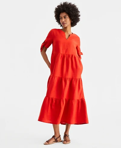Charter Club Women's 100% Linen Tie-Sleeve Tiered Midi Dress, Created for Macy's
