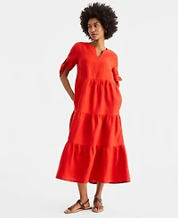 Charter Club Women's 100% Linen Tie-Sleeve Tiered Midi Dress, Created for Macy's